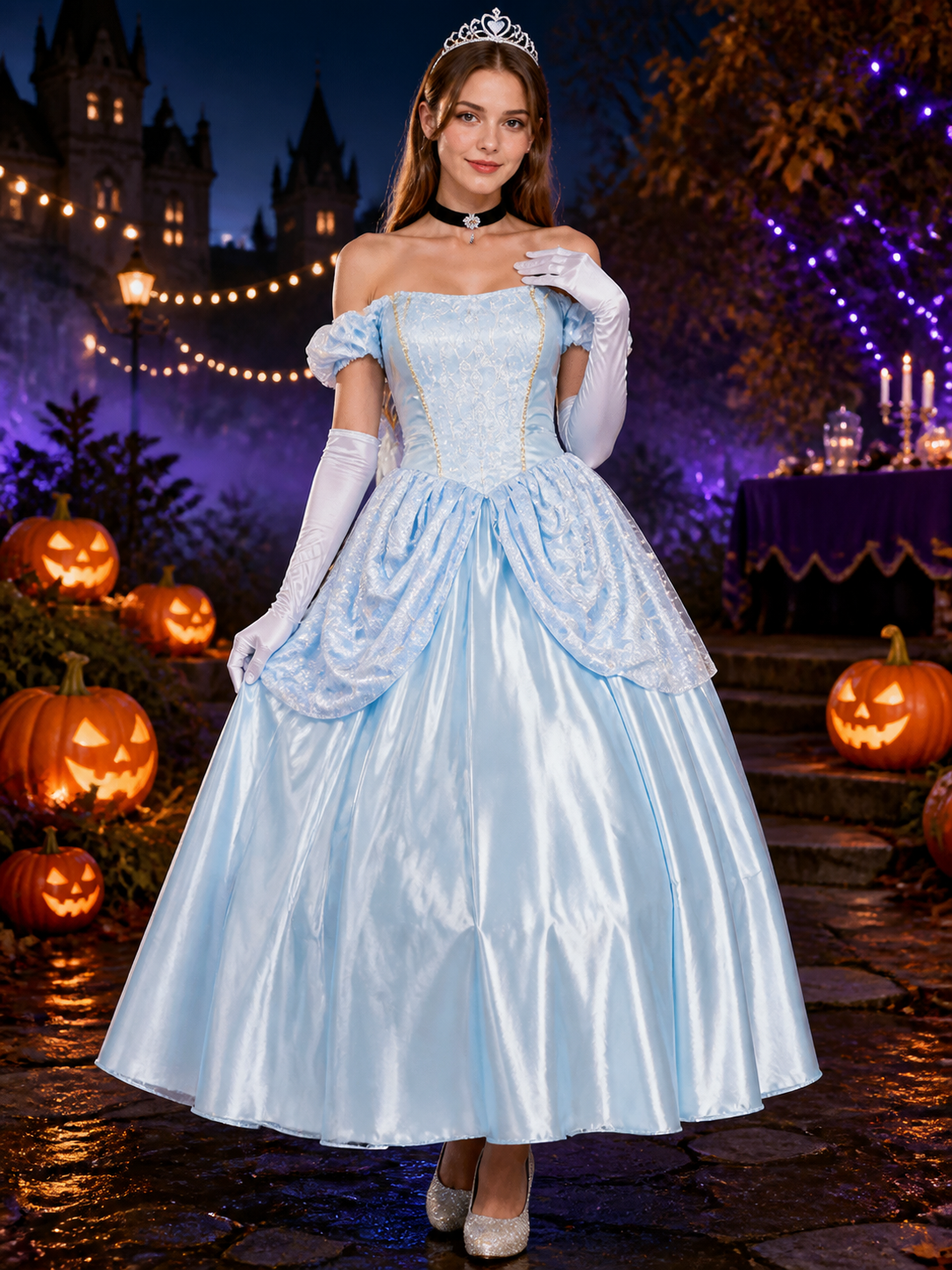 Women's Off Shoulder Princess Costume Set with Crown & Gloves for Halloween Costume Headwear detail 2