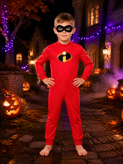 Kids Superhero Costume Set, Red Yellow Black Character Bodysuit with Eye Mask Costume Masks detail 2
