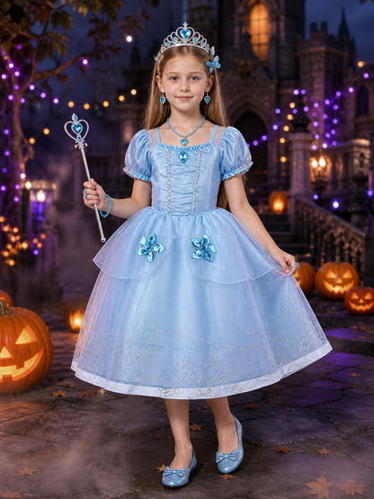 Girls Blue Princess Costume Dress Set with Crown, Wand, and Jewelry, Halloween Costume Dresses detail 2