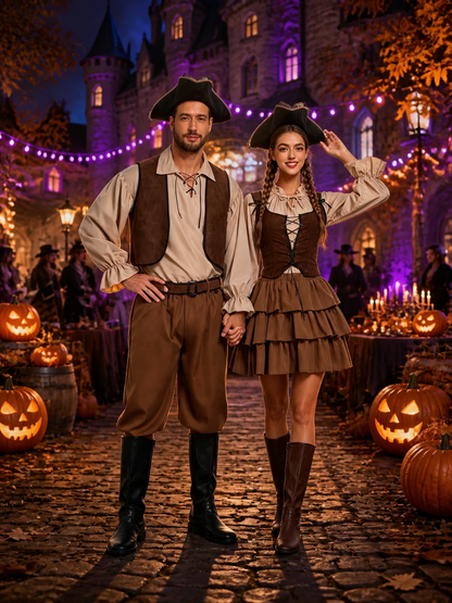 Couple's Retro Pirate Costume Set - Lace-Up Corset Dress & Vest For Halloween Costume Dresses detail 2