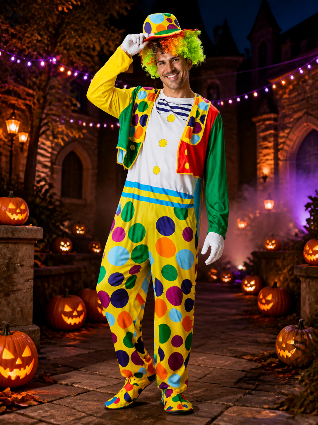 Unisex Adult Clown Jumpsuit Costume Set with Polka Dot Hat and Robe for Costume Headwear detail 2