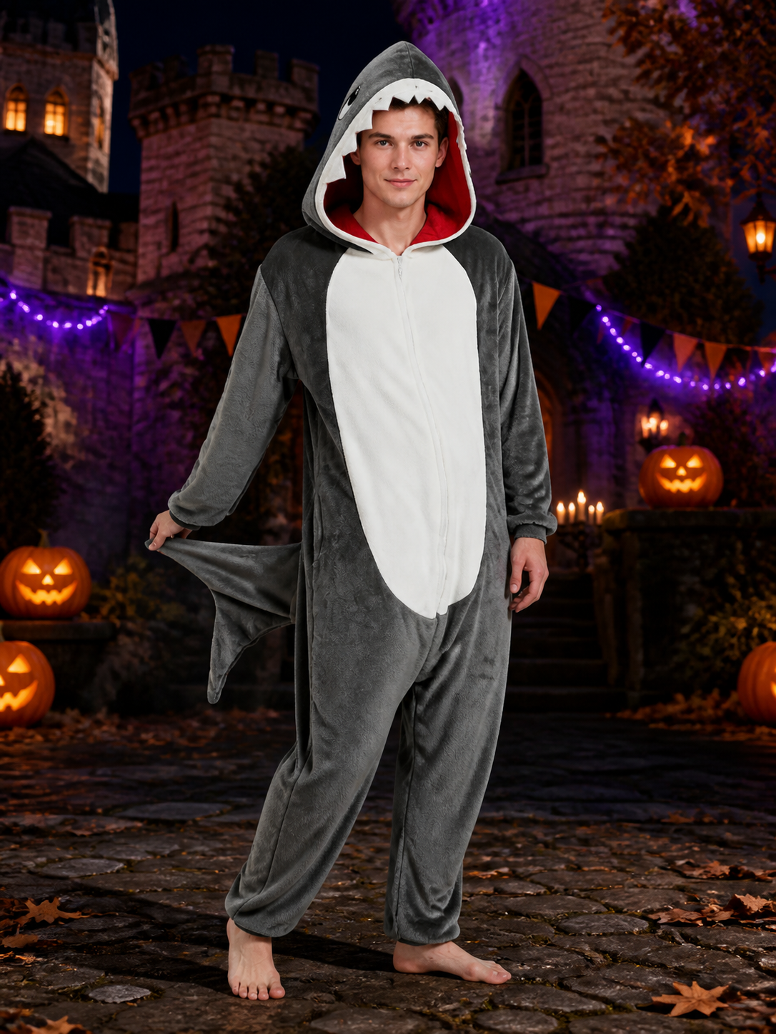 Shark Animal Hooded Jumpsuit Costume With Tail And White Belly Panel Costumes detail 2