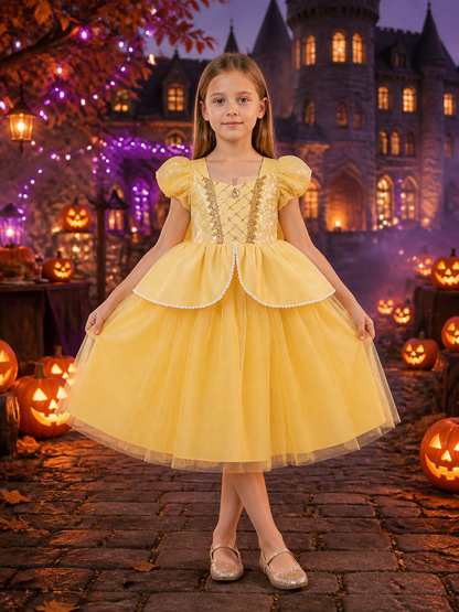 Girls Yellow Princess Costume Dress With Gold Trim, Puff Sleeves and Layered Costume Dresses detail 2