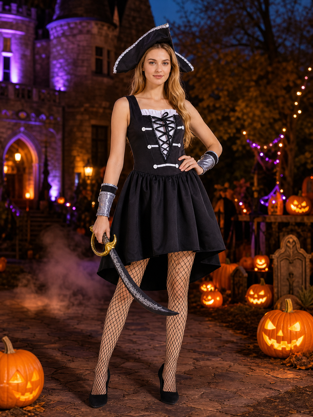 Black Pirate Costume Set With Hat, Sleeveless Dress And Wristbands Costume Dresses detail 2