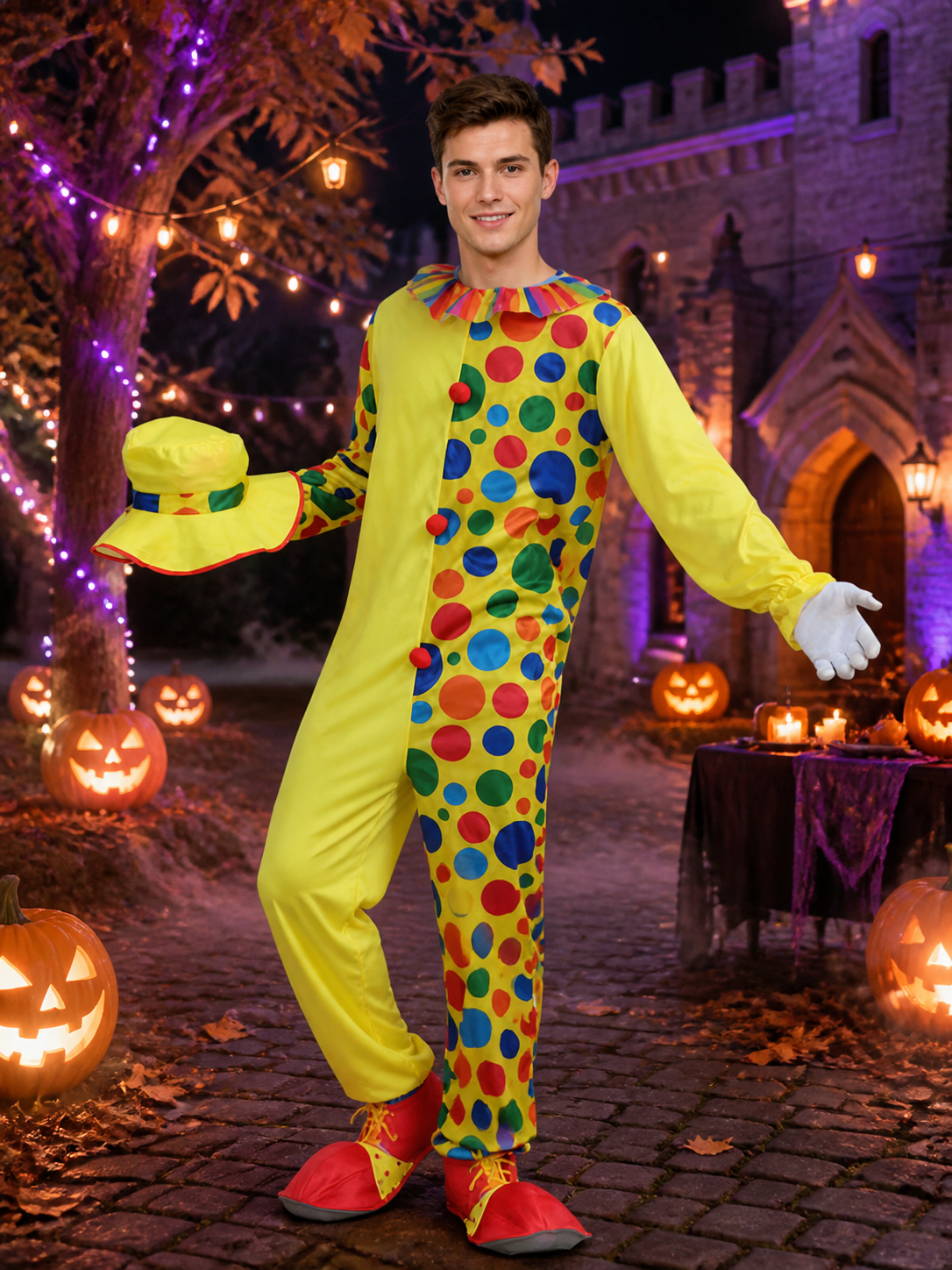 Adult Unisex Clown Costume Jumpsuit with Multicolor Polka Dots and Hat for Costume Headwear detail 2
