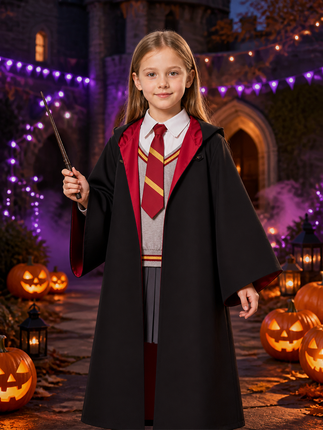 Kids Wizard Robe Costume, Hooded Cape with Red and Gold Stripe Tie, Halloween