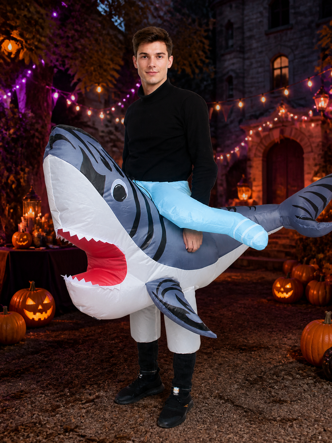 Inflatable Shark Costume for Adults, Funny Halloween Jumpsuit with Tail and Fins Costumes detail 2