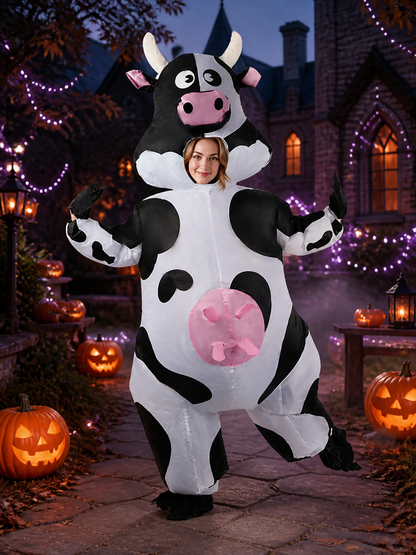 Adult Cow Onesie Costume with Horns, Spots, and Hood for Halloween Costumes detail 2