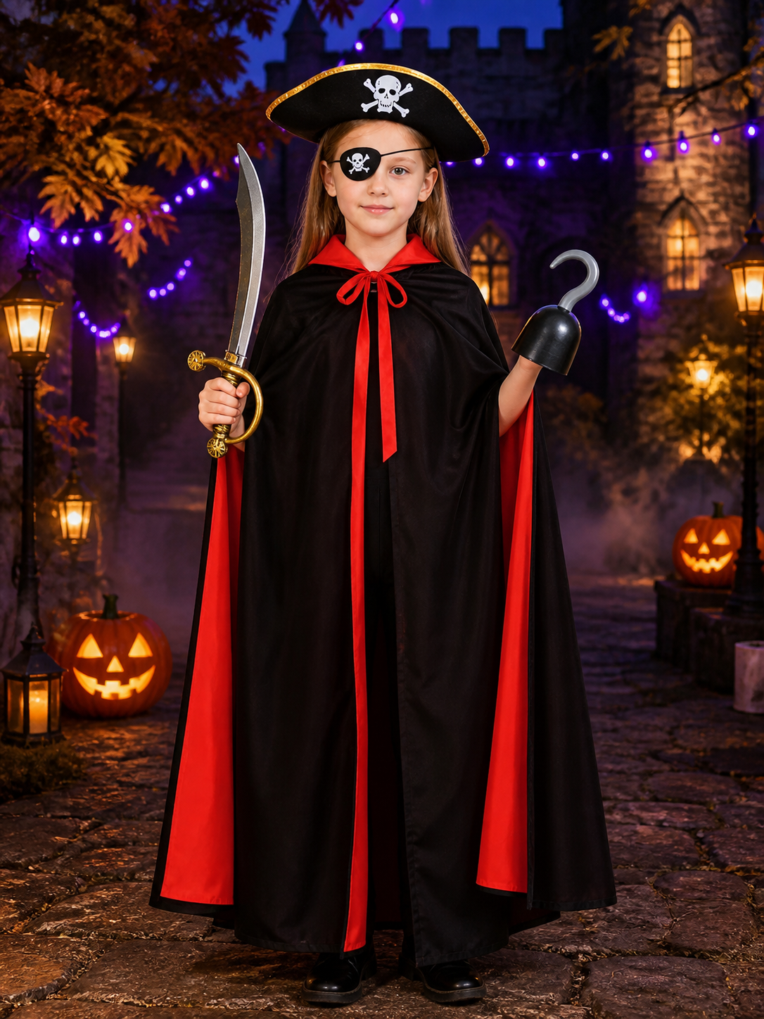 Pirate Costume Set, Black & Red Double-Sided Cape with Skull & Crossbones Hat Costume Capes detail 2