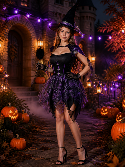 Gothic Witch Costume Dress with Purple Spiderweb Skirt and Fitted Bodice Costume Dresses detail 2