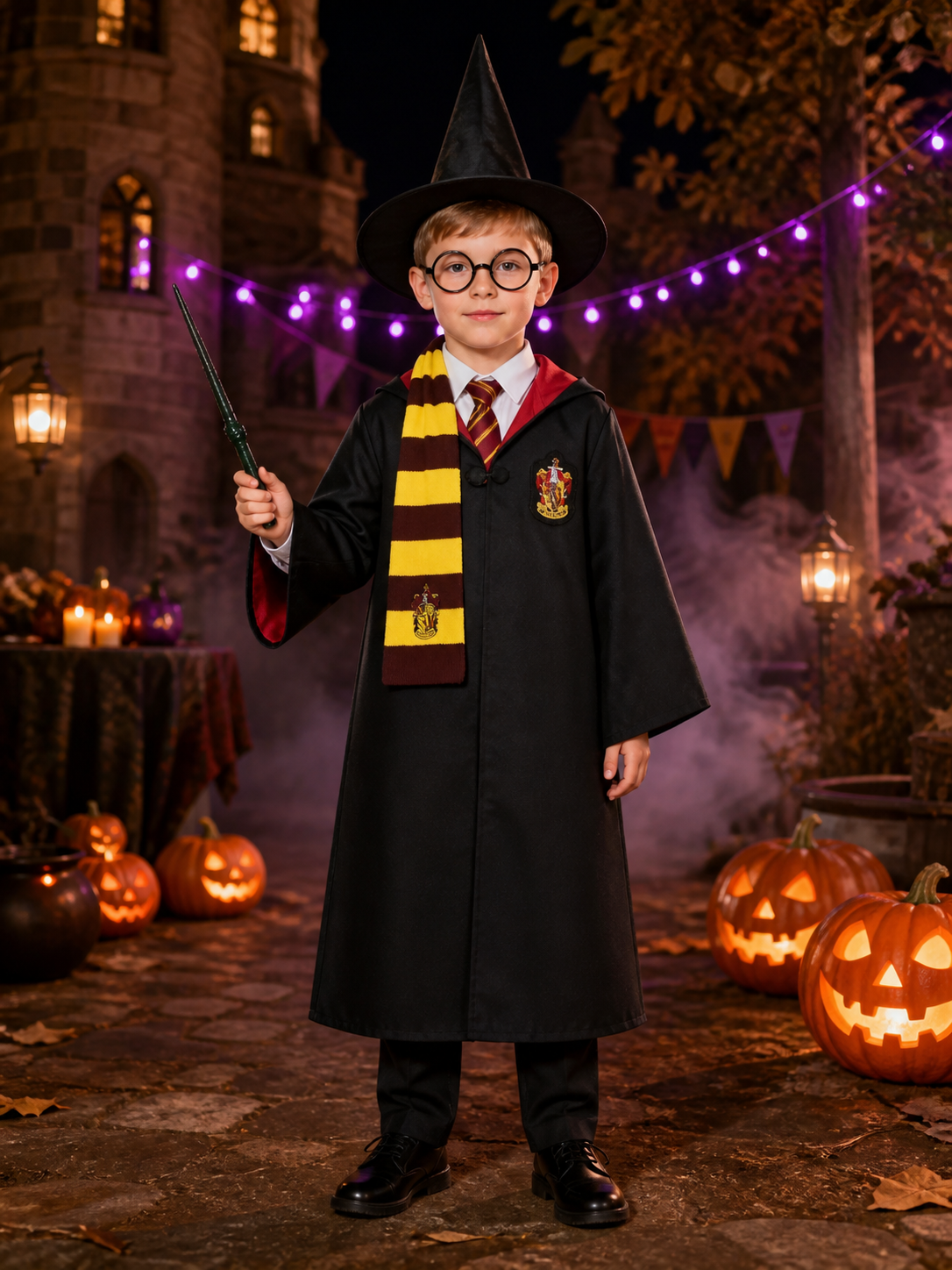 Wizard Costume Set With Hooded Robe, Shirt, Trousers, Tie, Scarf, Hat, Glasses & Costume Headwear detail 2