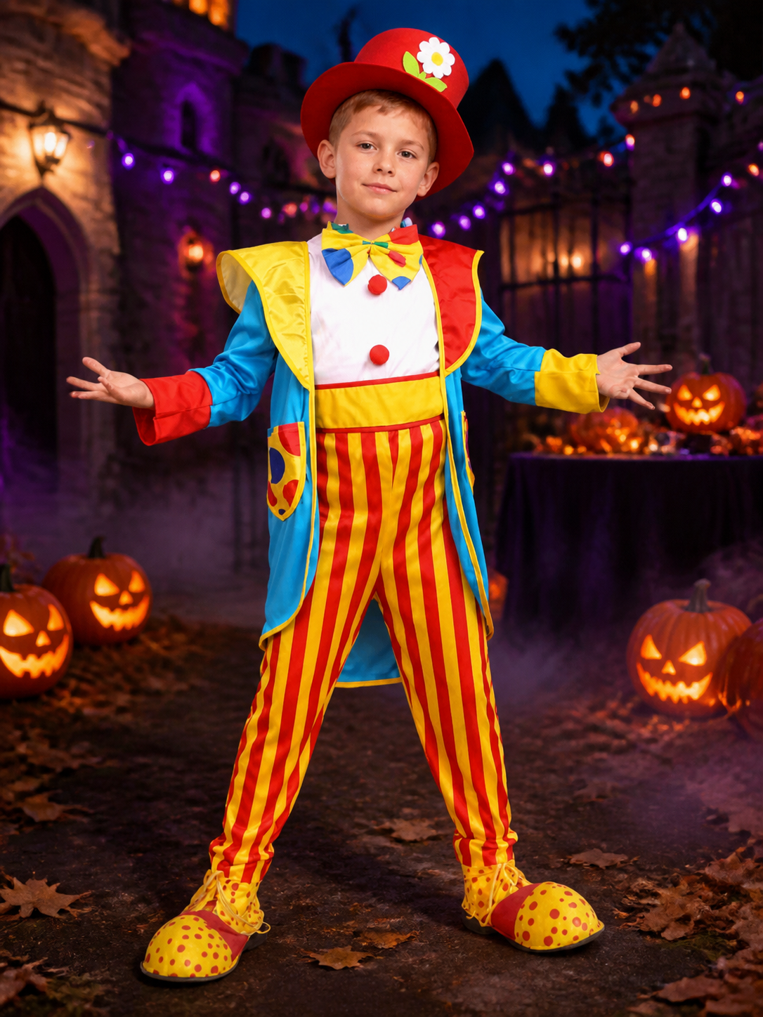 Boys Colorful Clown Circus Costume Set with Striped Jumpsuit, Jacket, Bow Tie Costume Accessories detail 2