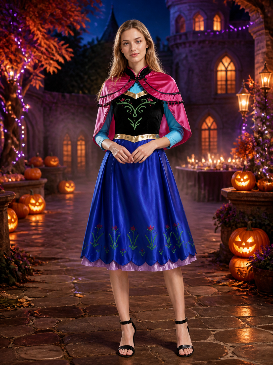 Women's Princess Costume Set, Blue Embroidered Dress with Pink Cape and Gold