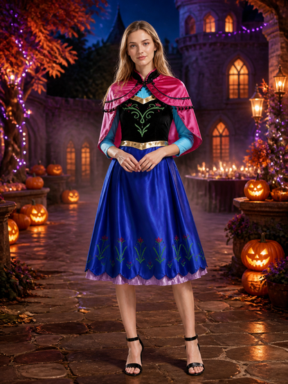Women's Princess Costume Set, Blue Embroidered Dress with Pink Cape and Gold