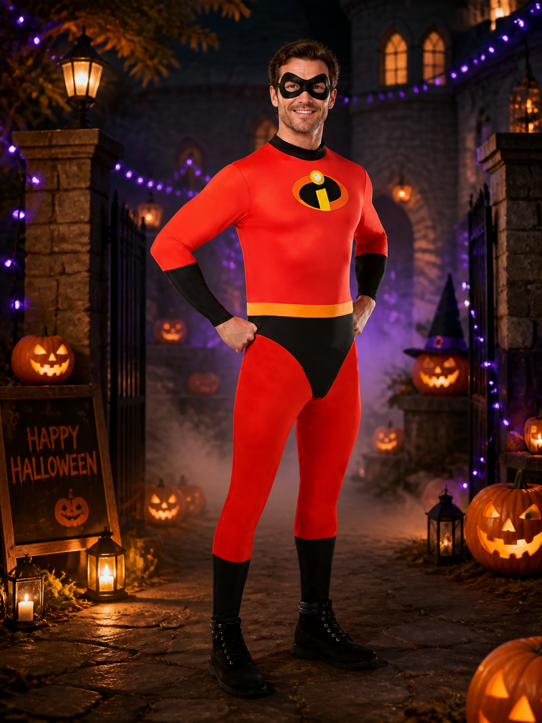 Kids Superhero Costume Jumpsuit - Red Black Bodysuit with Eye Mask and Yellow Costume Masks detail 2