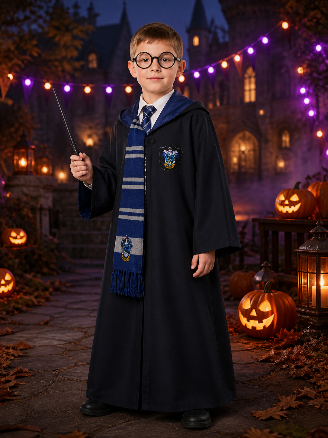 Kids Wizard Costume Set, Long Black Robe With Shawl Collar, Includes Tie, Scarf Costumes detail 2