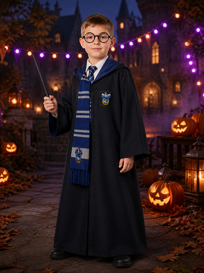 Kids Wizard Costume Set, Long Black Robe With Shawl Collar, Includes Tie, Scarf Costumes detail 2