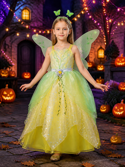 Girls Fairy Princess Butterfly Wings Costume Dress, Sparkle Gown With Fluffy