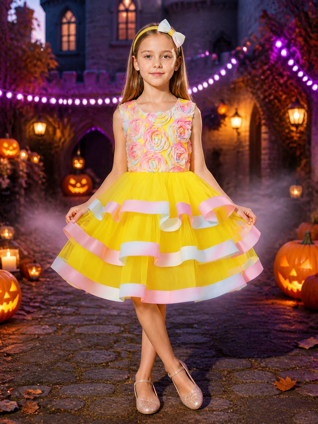 Girls' Princess Dress, Layered Tulle Cake Skirt With Rose and Bow Details
