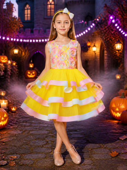 Girls' Princess Dress, Layered Tulle Cake Skirt With Rose and Bow Details