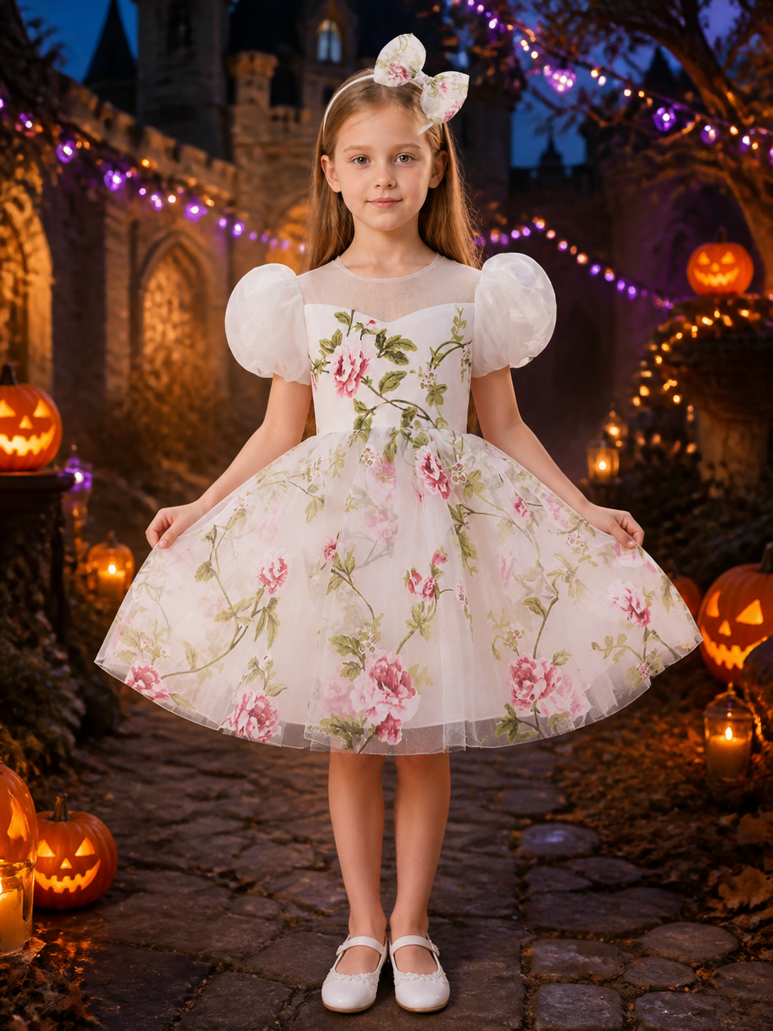 Toddler Girls' White Floral Princess Dress Set with Puff Sleeves and Bow Hair Costume Dresses detail 2