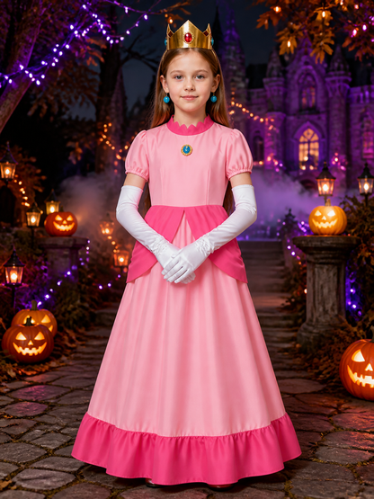 Kids Peach Princess Dress Costume Set, Halloween Cosplay Outfit with Crown on-model Halloween scene view