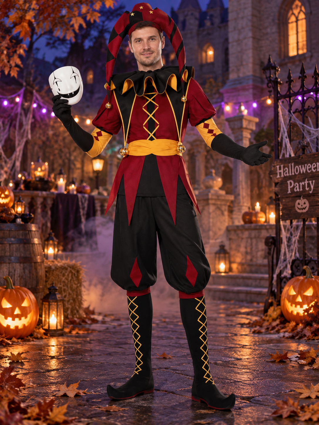 Jester Cosplay Costume with Mask, Hat, Stockings, and Gloves