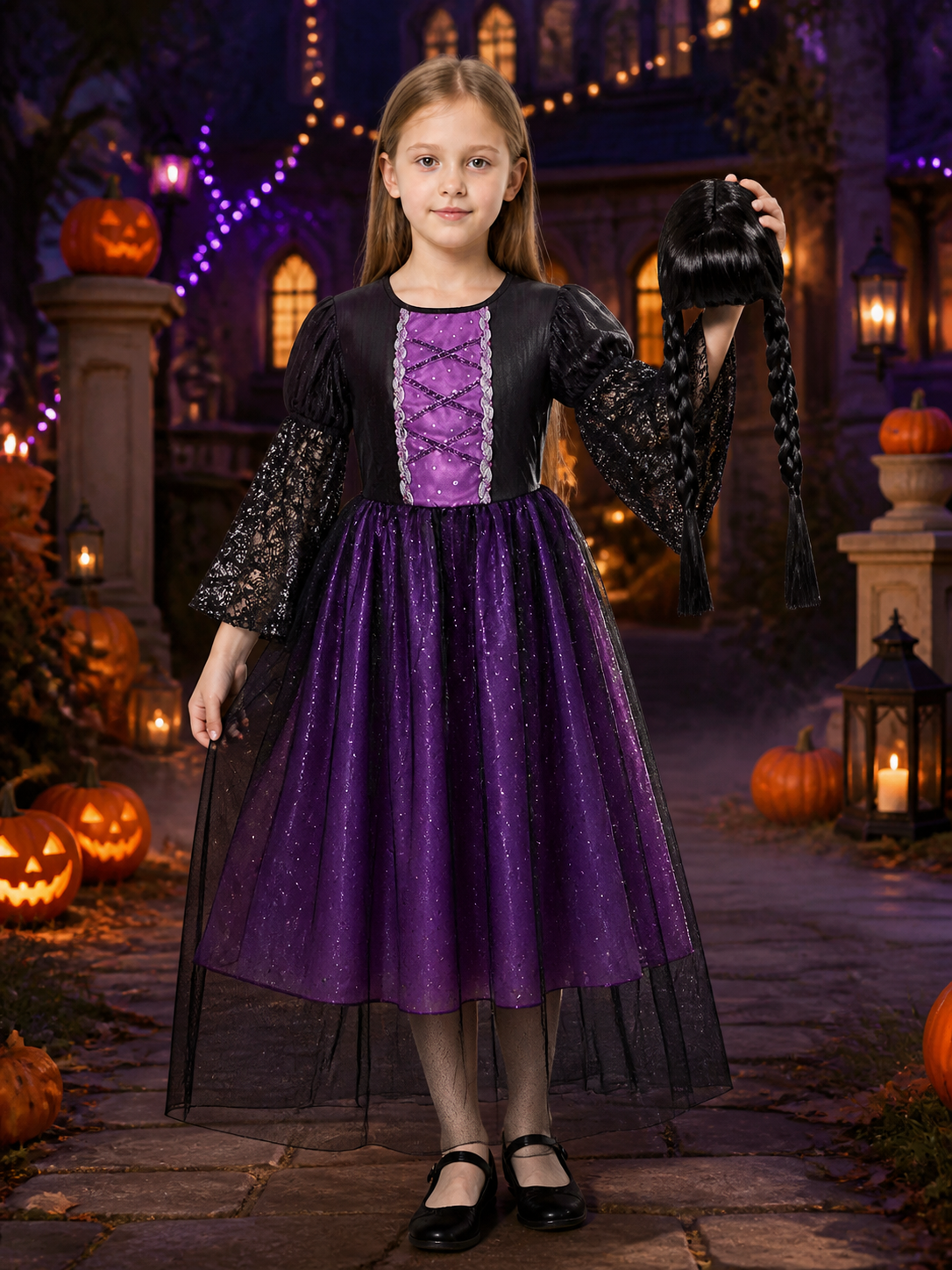 Girls Gothic Witch Vampire Halloween Costume Set - Black Purple Lace Tulle Dress Costume Dresses detail 2
