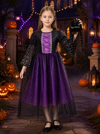 Girls Gothic Witch Vampire Halloween Costume Set - Black Purple Lace Tulle Dress Costume Dresses detail 2