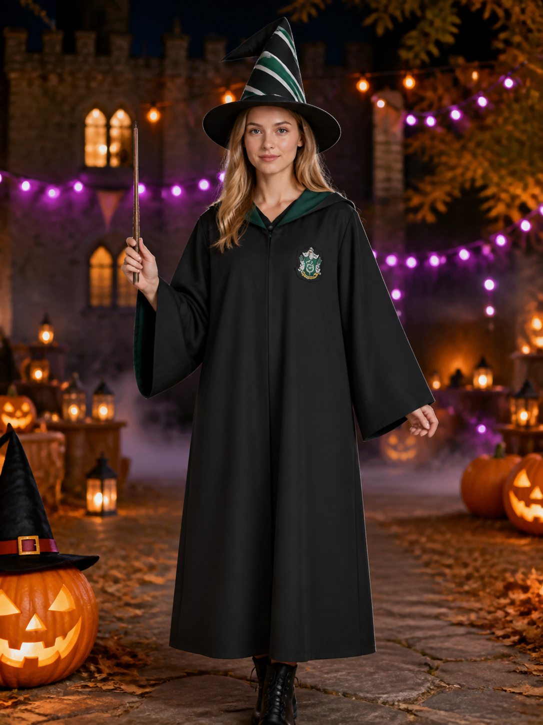 Green Wizard Costume Set with Hooded Robe, Pointed Hat and Wand Costume Headwear detail 2