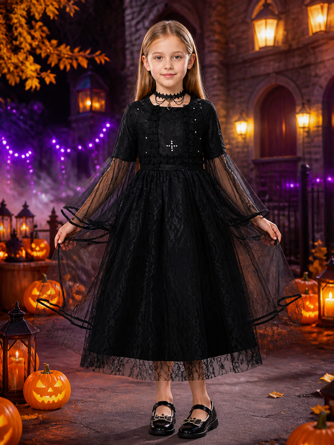 Kids Black Lace Angel Devil Witch Vampire Dress Costume with Sheer Sleeves and Costume Dresses detail 2