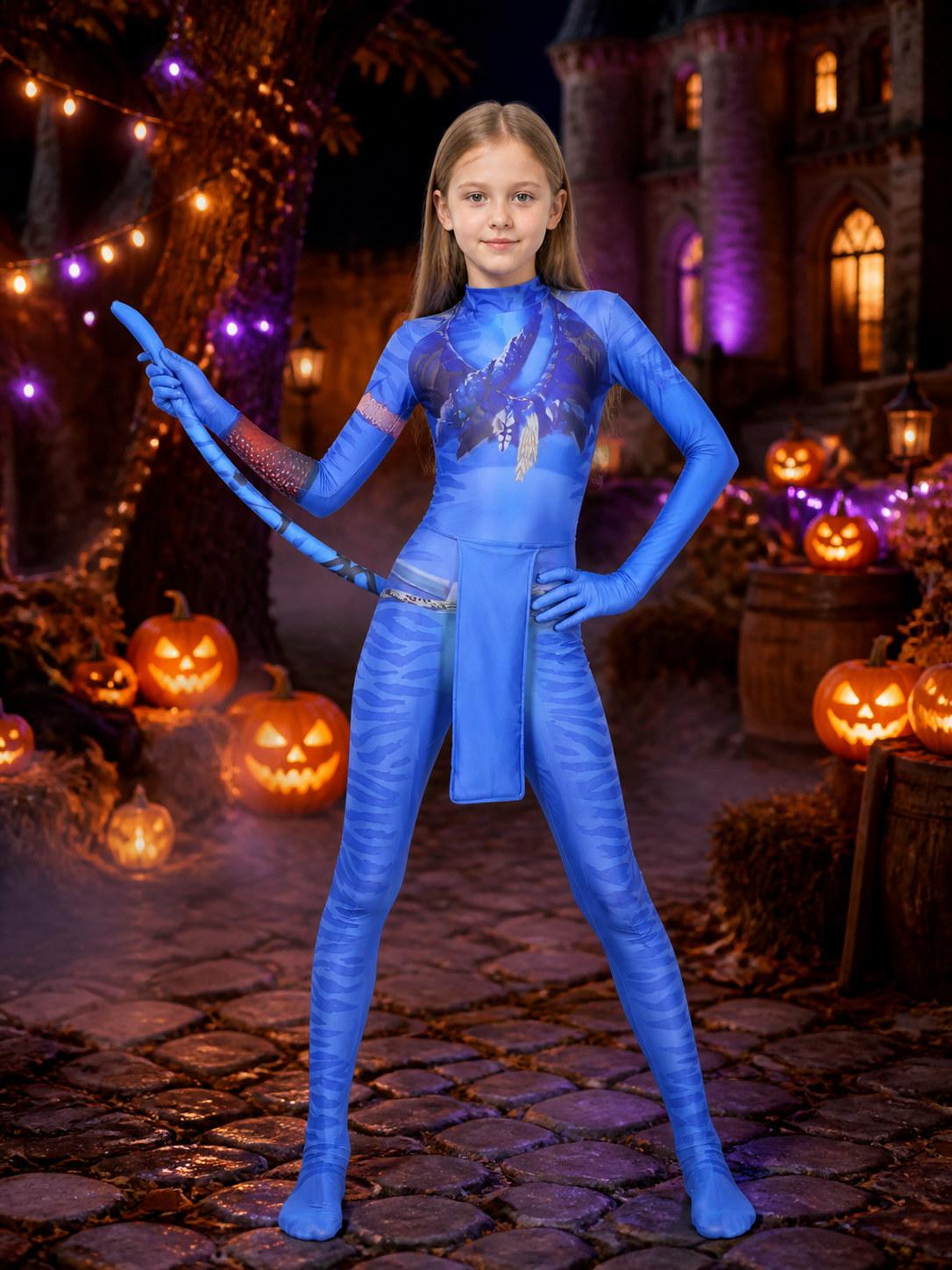 Girls' Avatar Costume Bodysuit with Tail, Blue Role Play Outfit Costumes detail 2