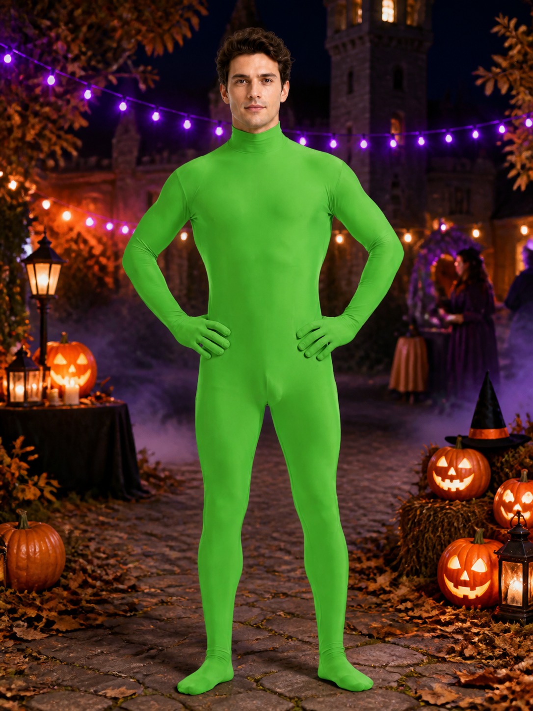 Kids Fluorescent Green Stretch Hooded Zentai Jumpsuit Halloween Costume Costumes detail 2