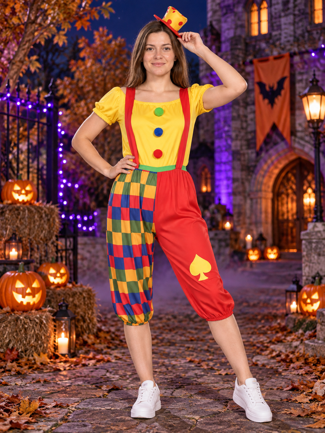 Clown Costume with Yellow Hat and Multicolored Pants