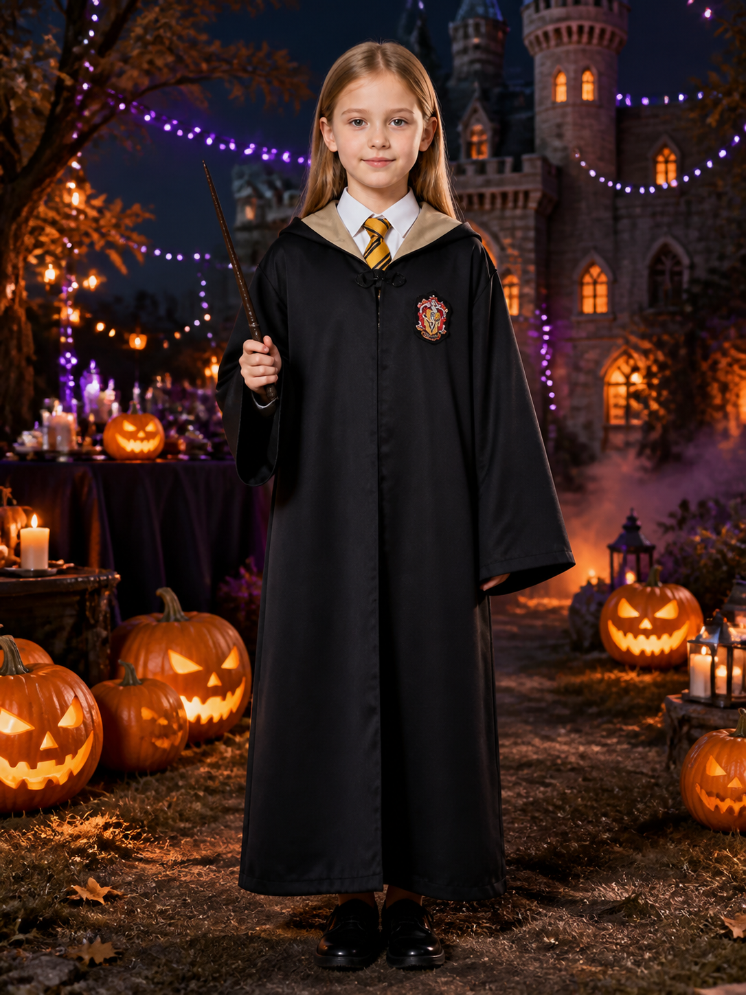 Hooded Wizard Robe Costume Set With Striped Tie, Academy-Style Halloween Outfit Costumes detail 2