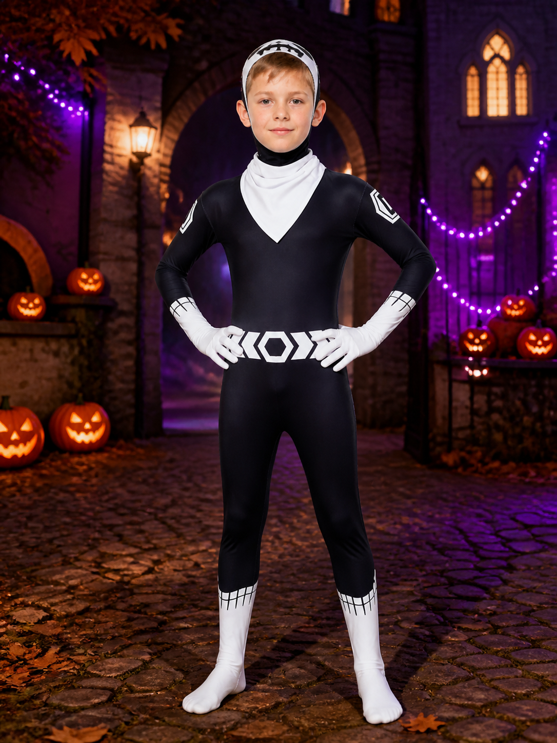 Black and White Skeleton Bodysuit Costume with Skull Face Print, Halloween on-model Halloween scene view