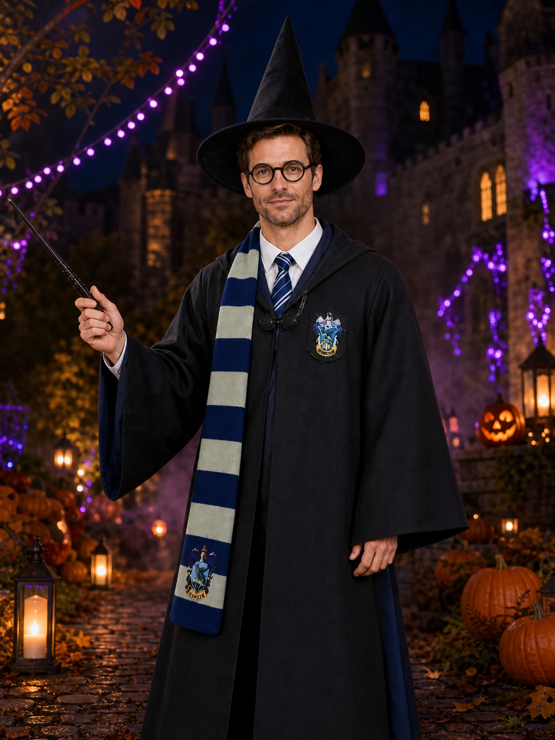 Wizard Costume Set with Robe, Hat, Glasses, Wand, Scarf and Tie Costume Headwear detail 2