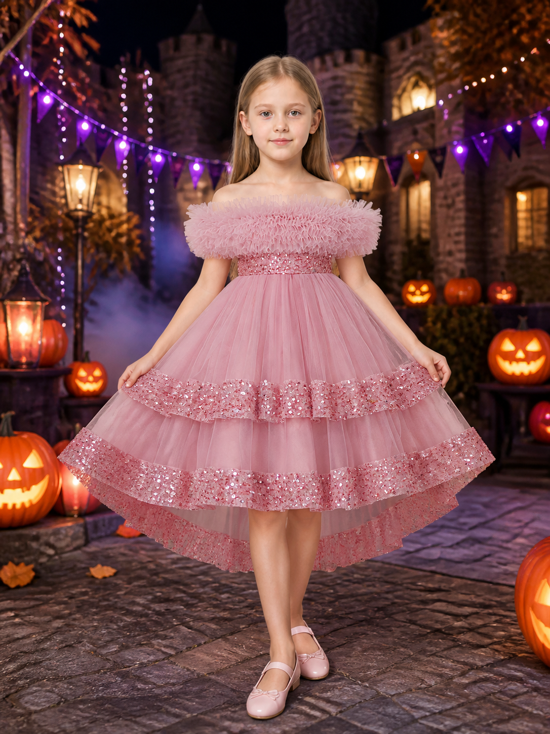 Girls' Princess Tulle Dress with Sequin Waistband and Layered Tutu Skirt
