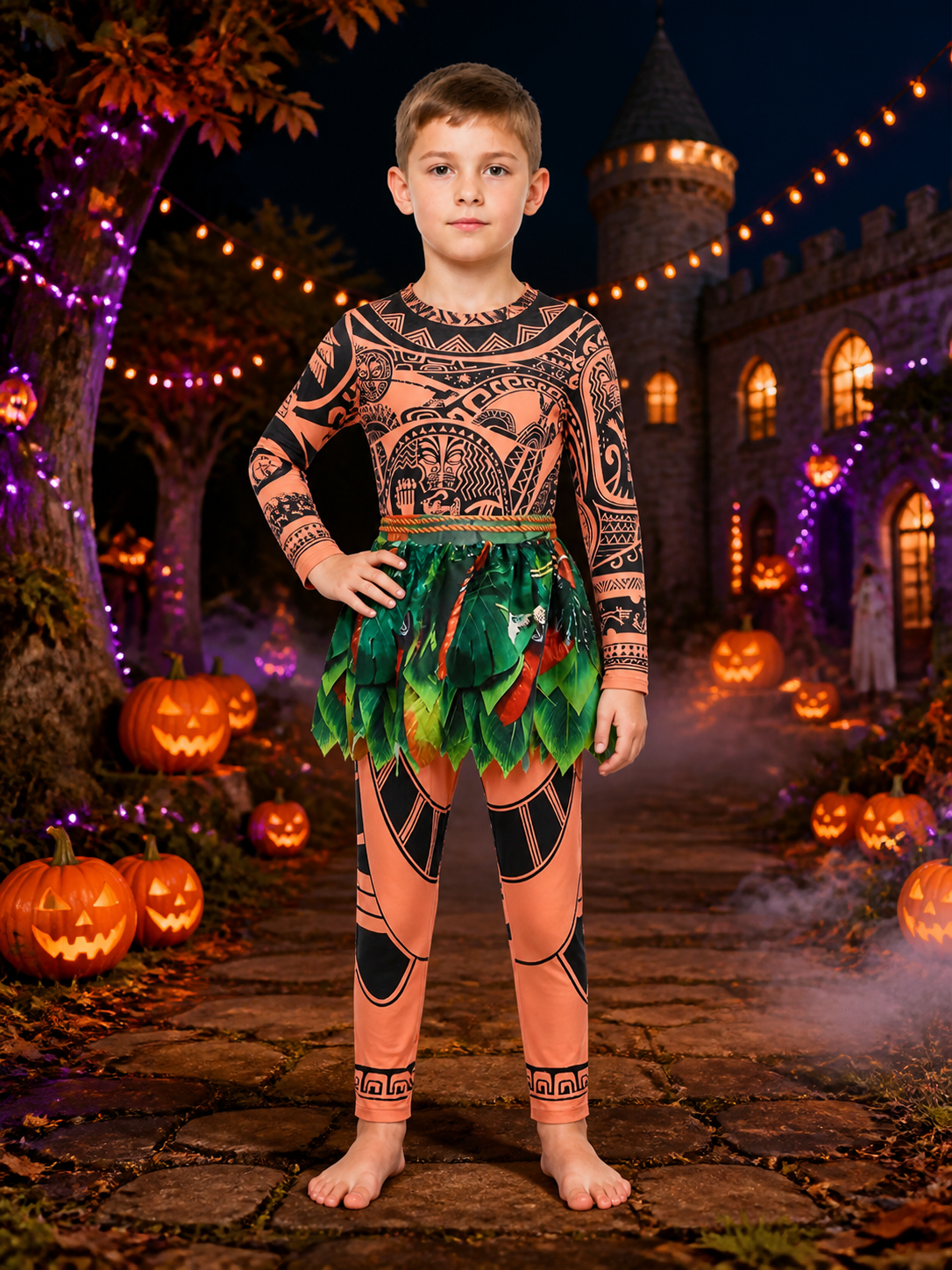 Boys Polynesian Tribal Print Bodysuit Costume with Green Leaf Skirt, Halloween Costumes detail 2