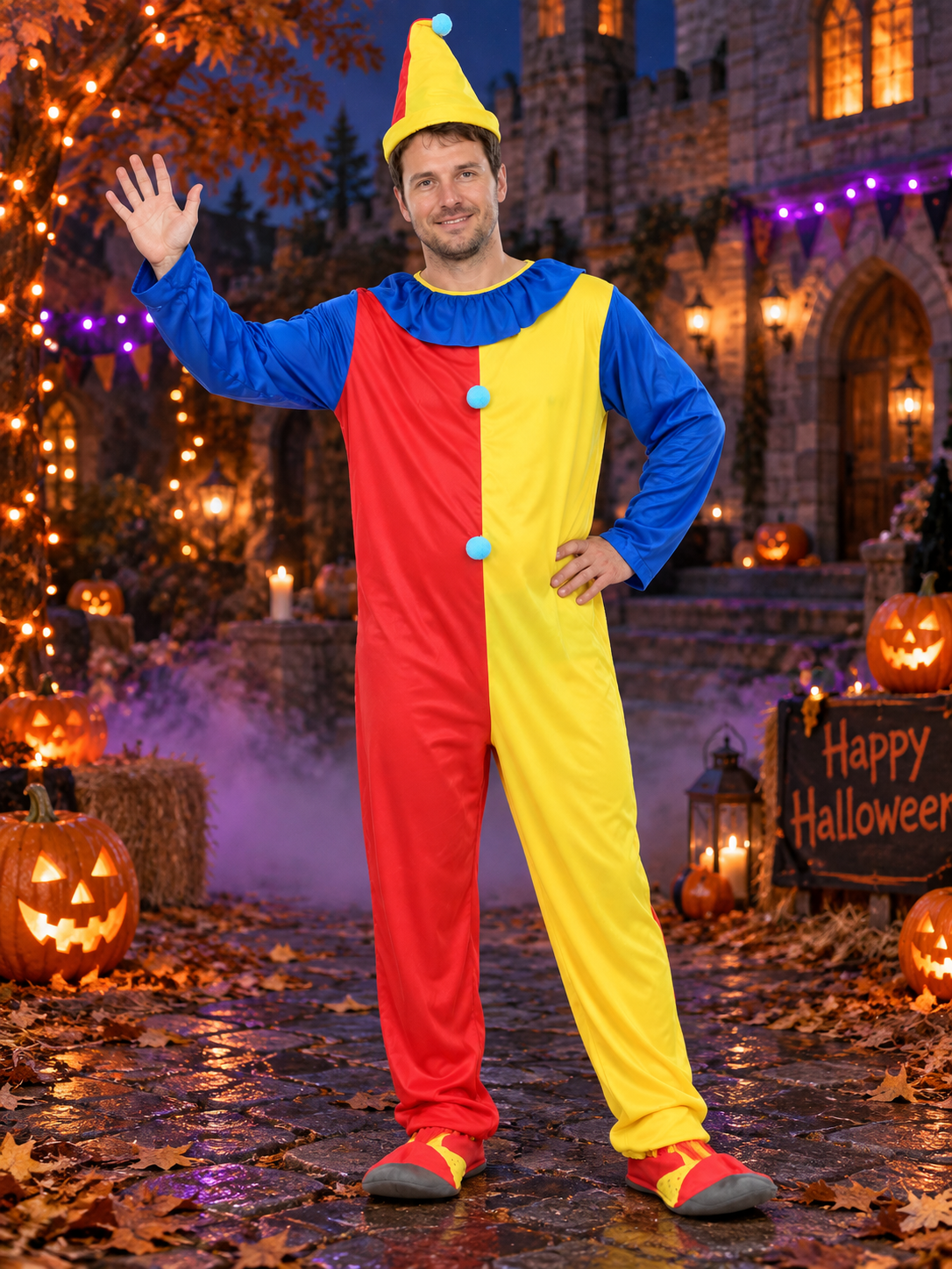 Clown Costume: Red and Yellow Jumpsuit, Cone Hat