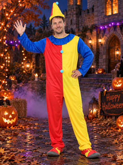 Clown Costume: Red and Yellow Jumpsuit, Cone Hat