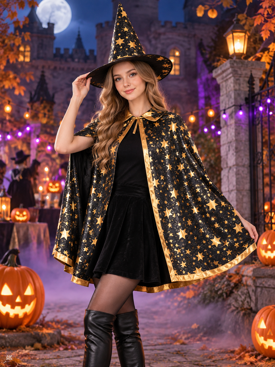 Kids' Costume: Black Cape and Hat with Stars