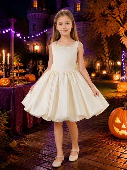 Girls' Pearl-Trimmed Princess Party Dress, Satin A-Line Formal Outfit, 4Y–8Y product detail 2