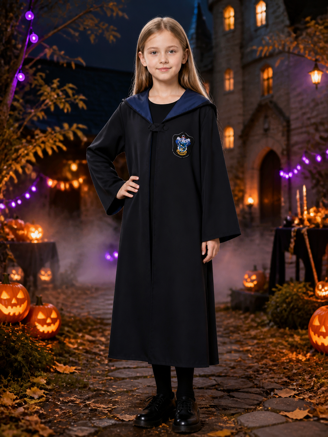 Dark Blue Magical School Robe Cosplay Costume with Shawl Collar and Crest Costumes detail 2
