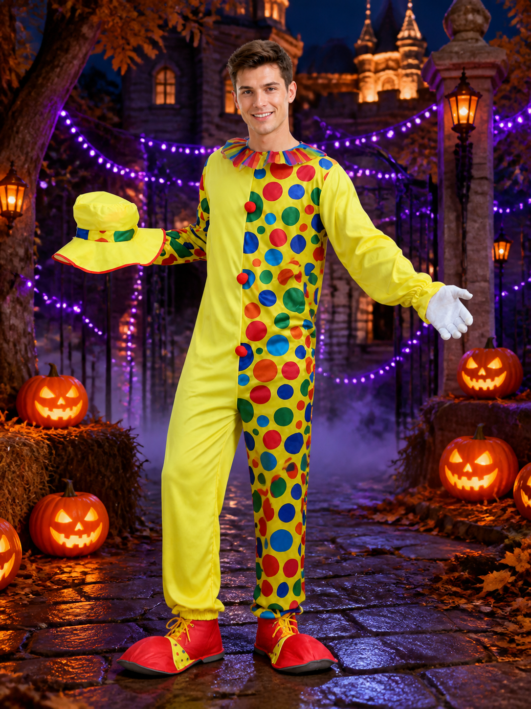 Adult Unisex Clown Jumpsuit Costume Set with Colorful Polka Dots and Ruffle Costumes detail 2