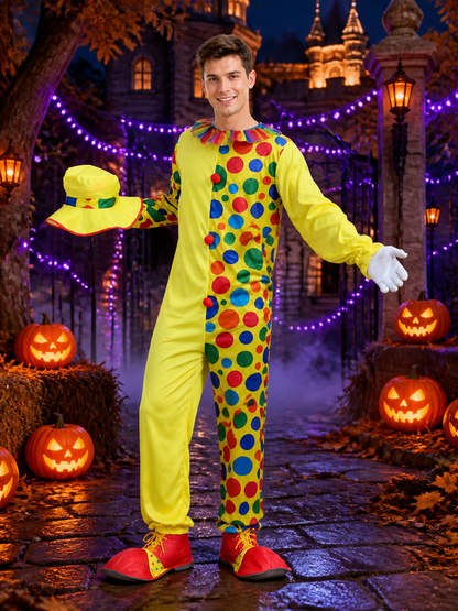 Adult Unisex Clown Jumpsuit Costume Set with Colorful Polka Dots and Ruffle Costumes detail 2