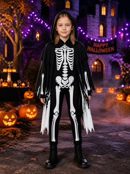 Unisex Glow In The Dark Skeleton Hooded Bodysuit Costume Set With Tattered Robe Costumes detail 2