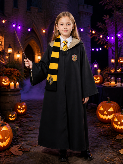 Hufflepuff Wizard Robe Costume Set With Hooded Cloak, Scarf And Tie Costume Capes detail 2