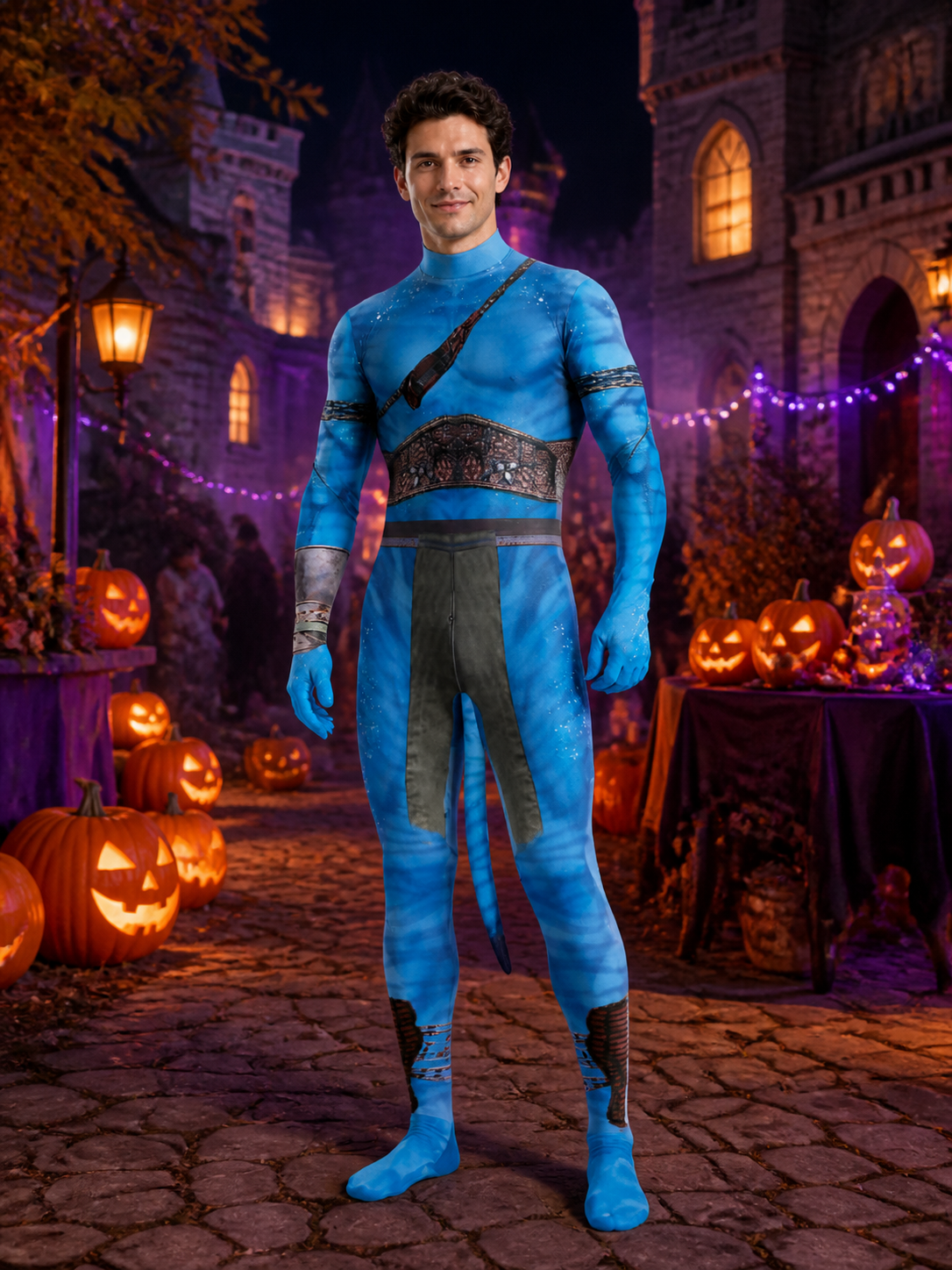 Blue Alien Character Bodysuit Costume, Armor Print with Tail, Halloween Cosplay Costumes detail 2