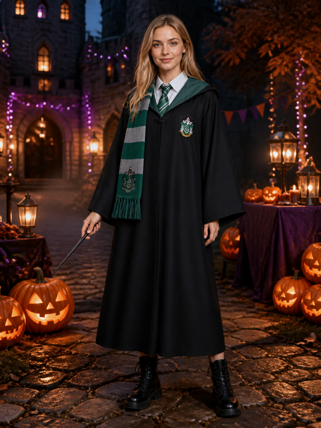 Green And Gray Wizard Costume Set With Robe, Tie And Scarf Costumes detail 2
